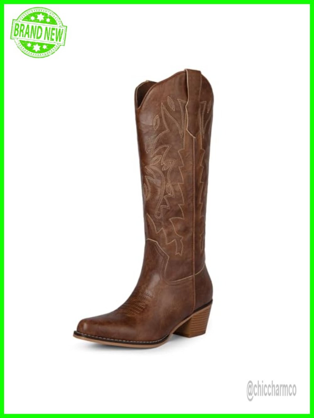 Pointed Toe Chunky Heel Cowboy Boots Faux Leather Knee High Western